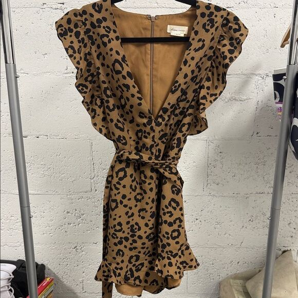Lovers + Friends Brown Leopard Romper Shorts - Size Small - Belted - Ruffled - Picture 2 of 4